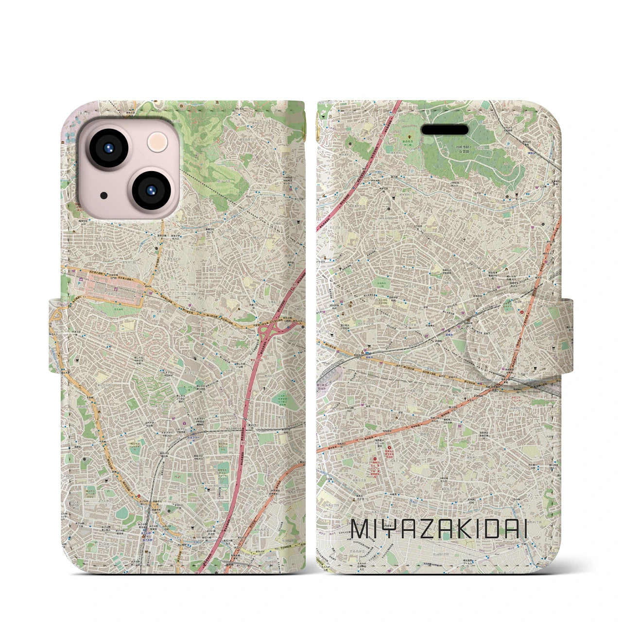 【宮崎台】地図柄iPhoneケース（手帳両面タイプ・ナチュラル）iPhone 13 mini 用