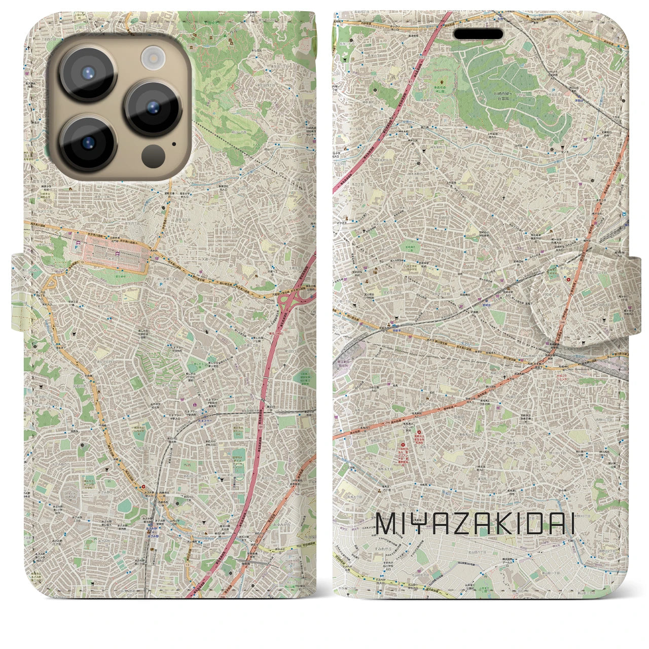 【宮崎台】地図柄iPhoneケース（手帳両面タイプ・ナチュラル）iPhone 14 Pro Max 用