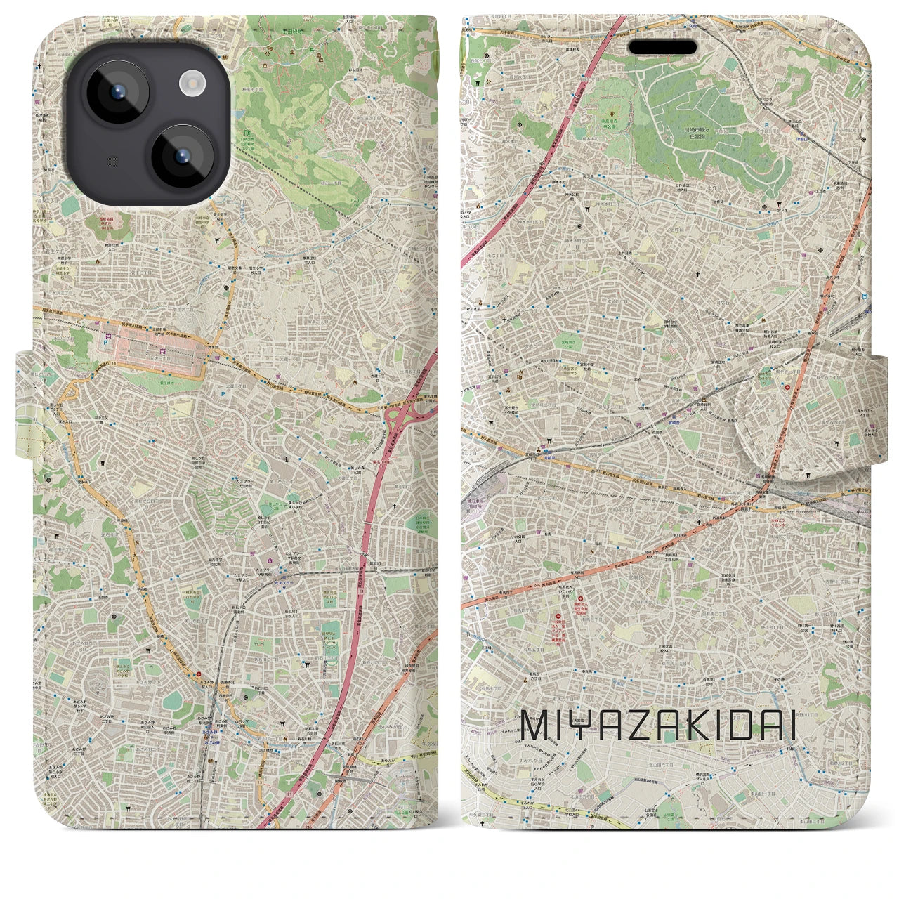 【宮崎台】地図柄iPhoneケース（手帳両面タイプ・ナチュラル）iPhone 14 Plus 用