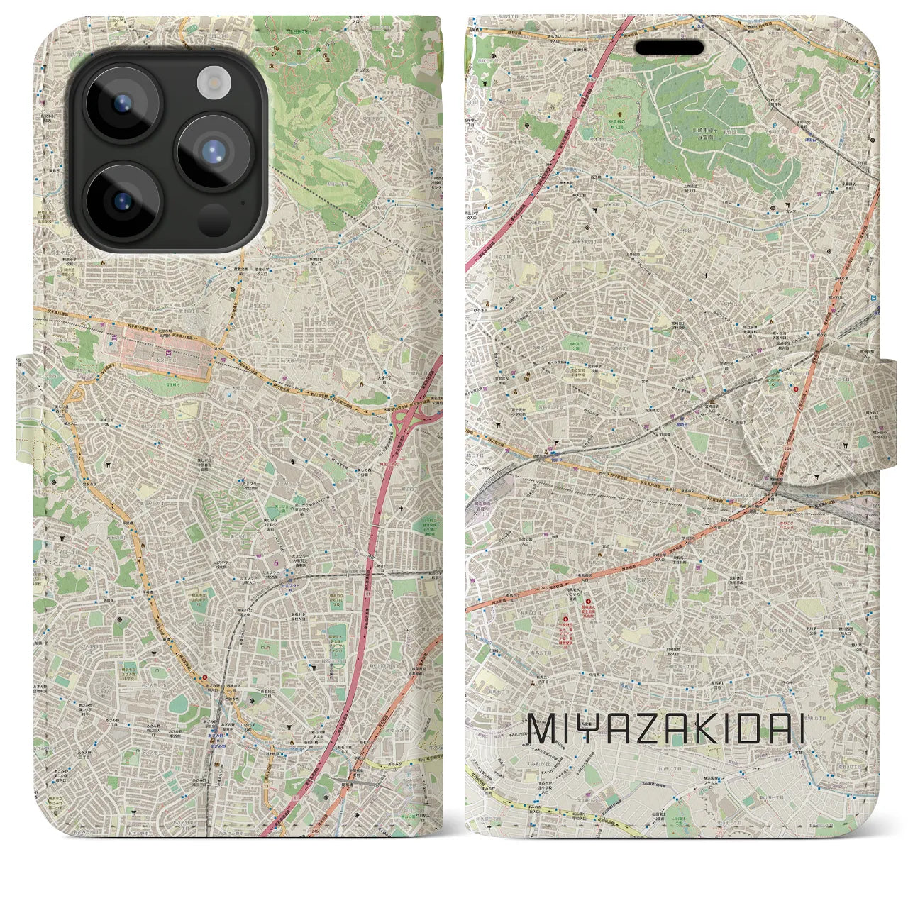 【宮崎台】地図柄iPhoneケース（手帳両面タイプ・ナチュラル）iPhone 15 Pro Max 用