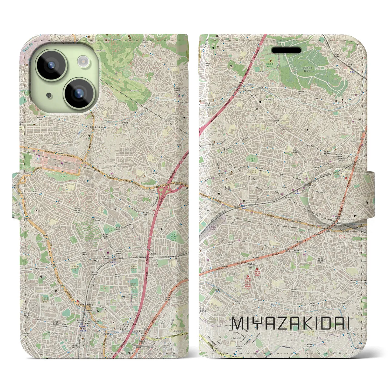 【宮崎台】地図柄iPhoneケース（手帳両面タイプ・ナチュラル）iPhone 15 用