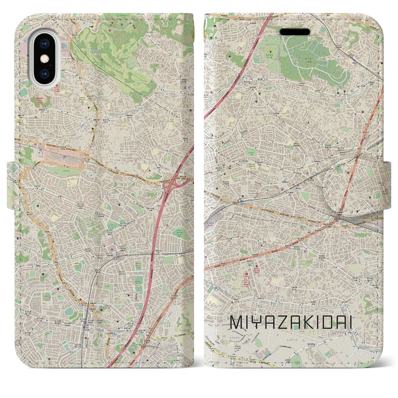 【宮崎台】地図柄iPhoneケース（手帳両面タイプ・ナチュラル）iPhone XS Max 用
