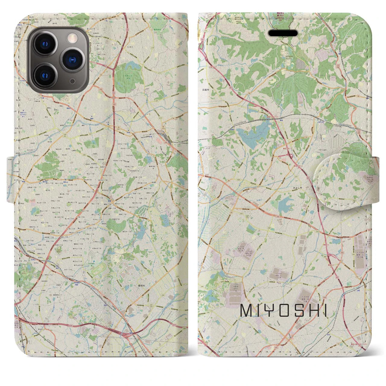 【みよし】地図柄iPhoneケース（手帳両面タイプ・ナチュラル）iPhone 11 Pro Max 用