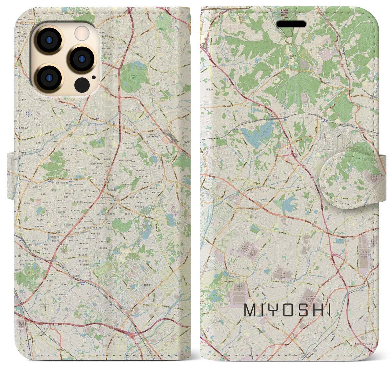【みよし】地図柄iPhoneケース（手帳両面タイプ・ナチュラル）iPhone 12 Pro Max 用