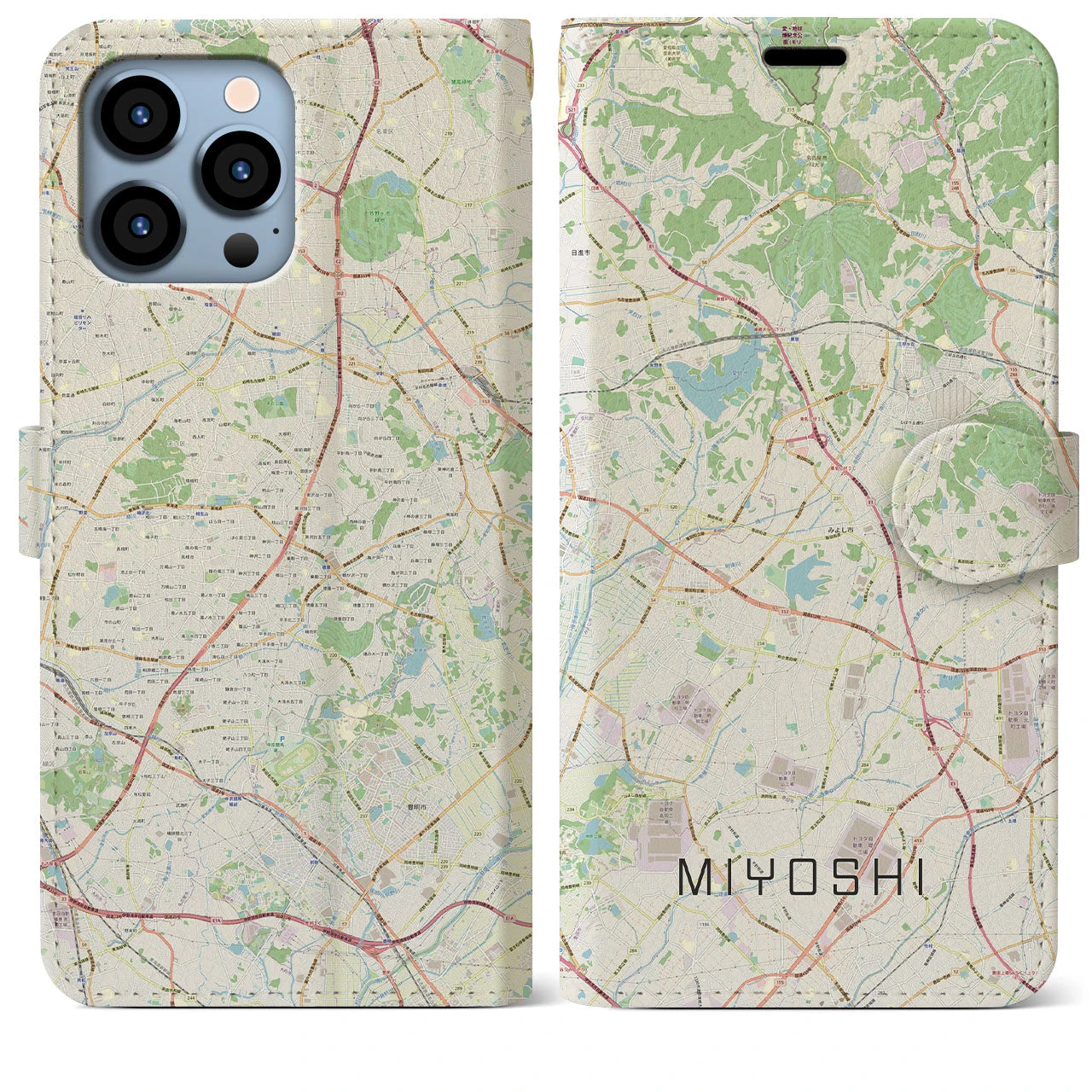 【みよし】地図柄iPhoneケース（手帳両面タイプ・ナチュラル）iPhone 13 Pro Max 用