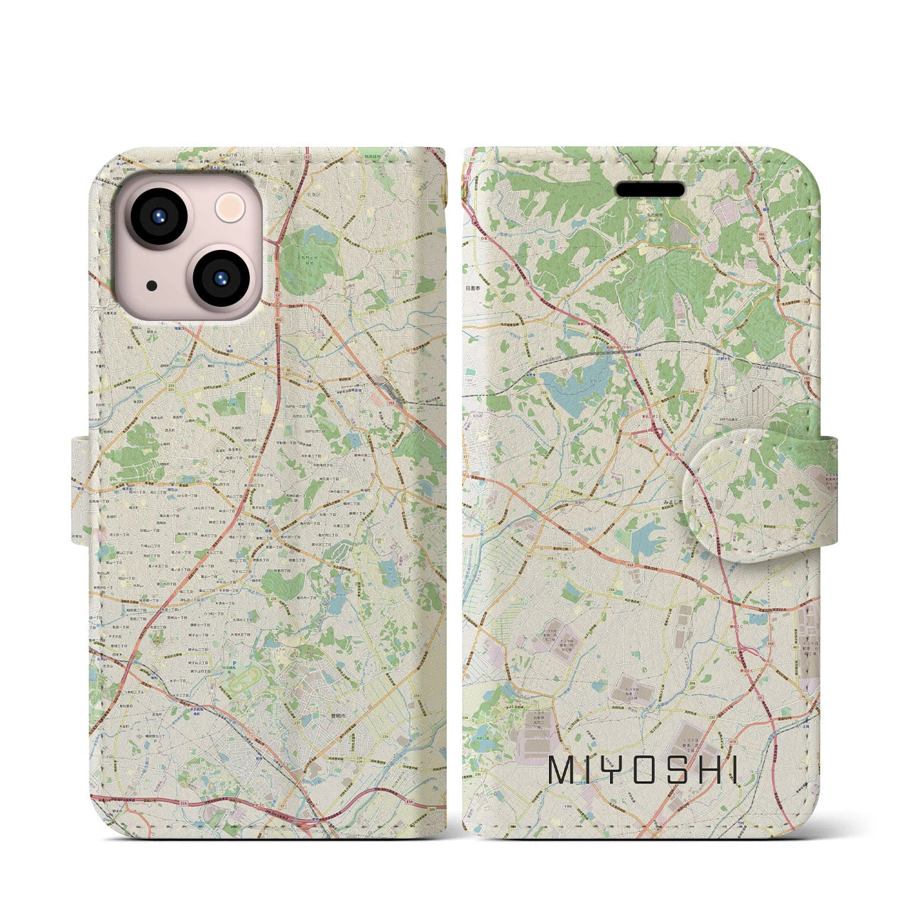 【みよし】地図柄iPhoneケース（手帳両面タイプ・ナチュラル）iPhone 13 mini 用