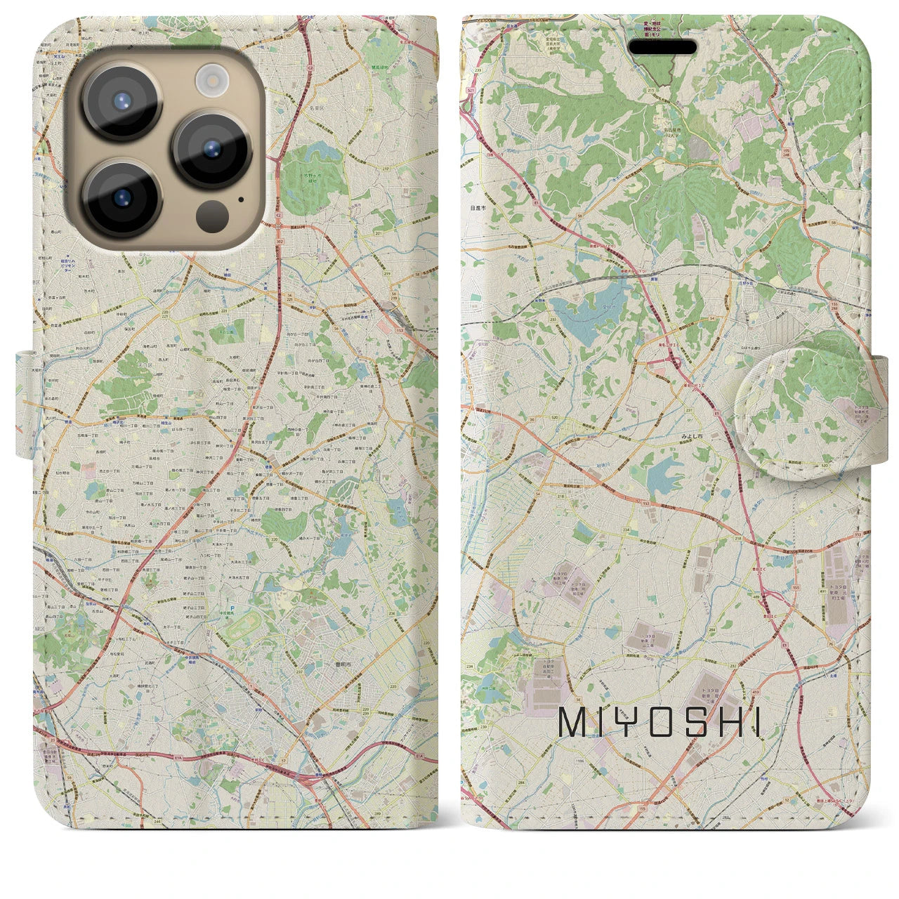 【みよし】地図柄iPhoneケース（手帳両面タイプ・ナチュラル）iPhone 14 Pro Max 用