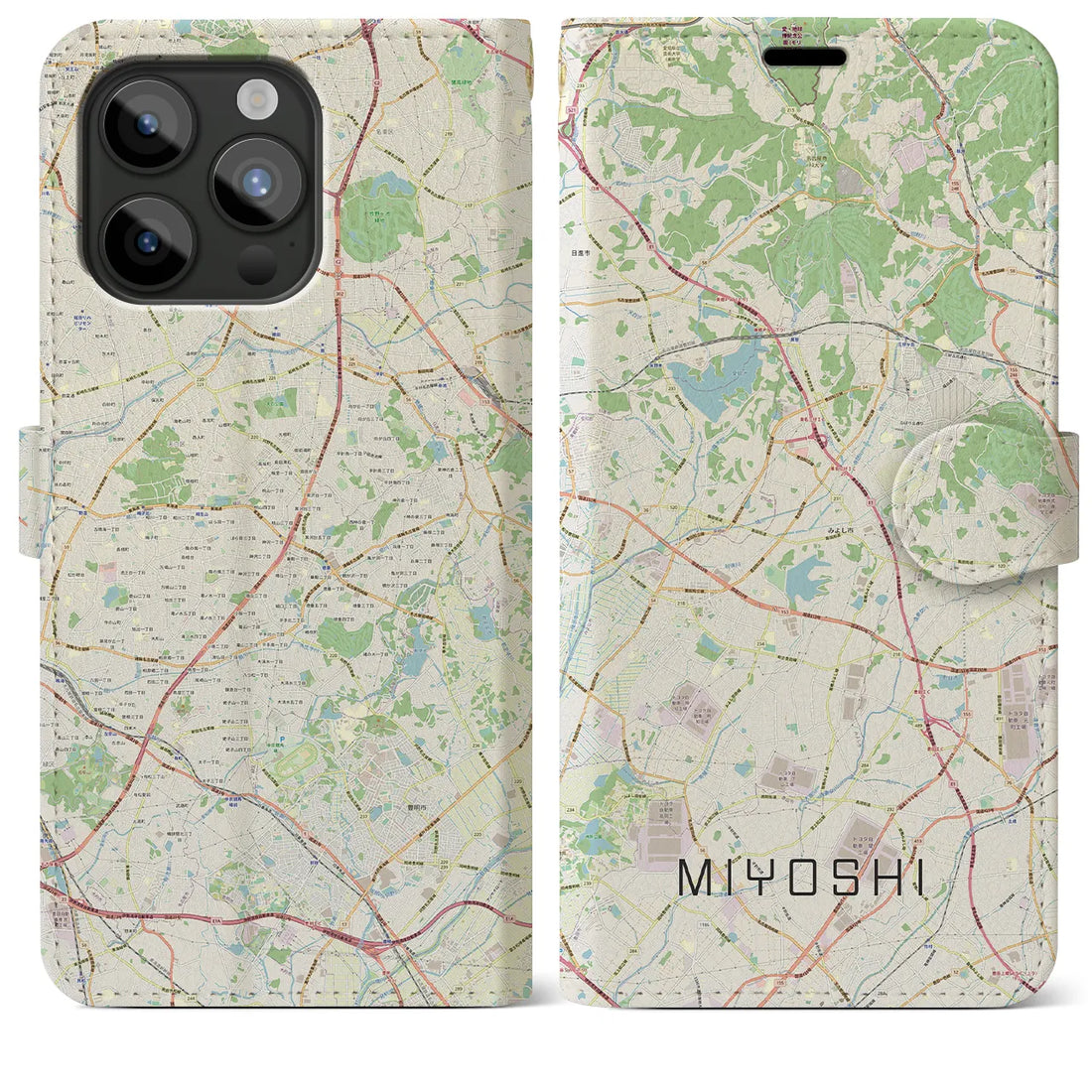 【みよし】地図柄iPhoneケース（手帳両面タイプ・ナチュラル）iPhone 15 Pro Max 用