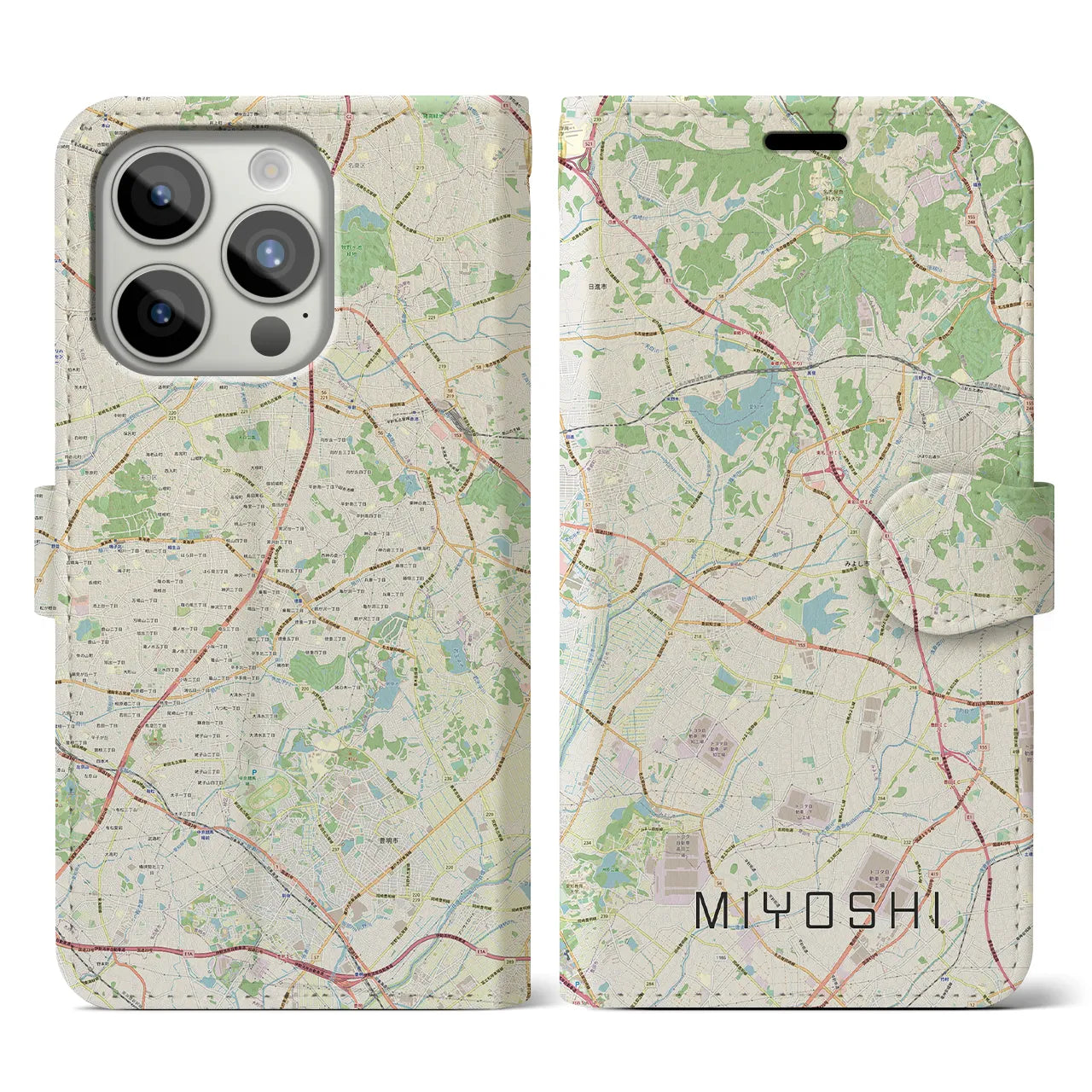 【みよし】地図柄iPhoneケース（手帳両面タイプ・ナチュラル）iPhone 15 Pro 用