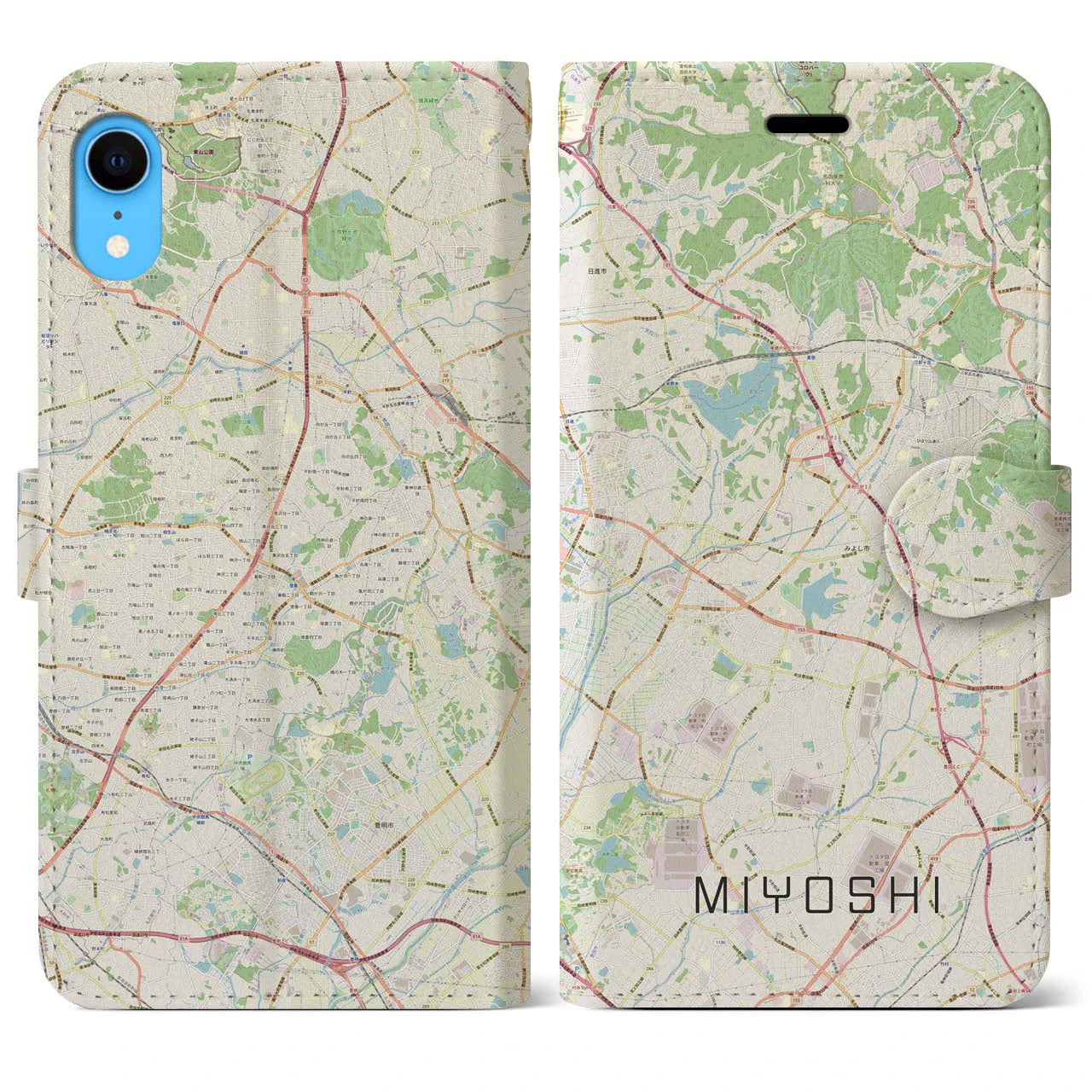 【みよし】地図柄iPhoneケース（手帳両面タイプ・ナチュラル）iPhone XR 用