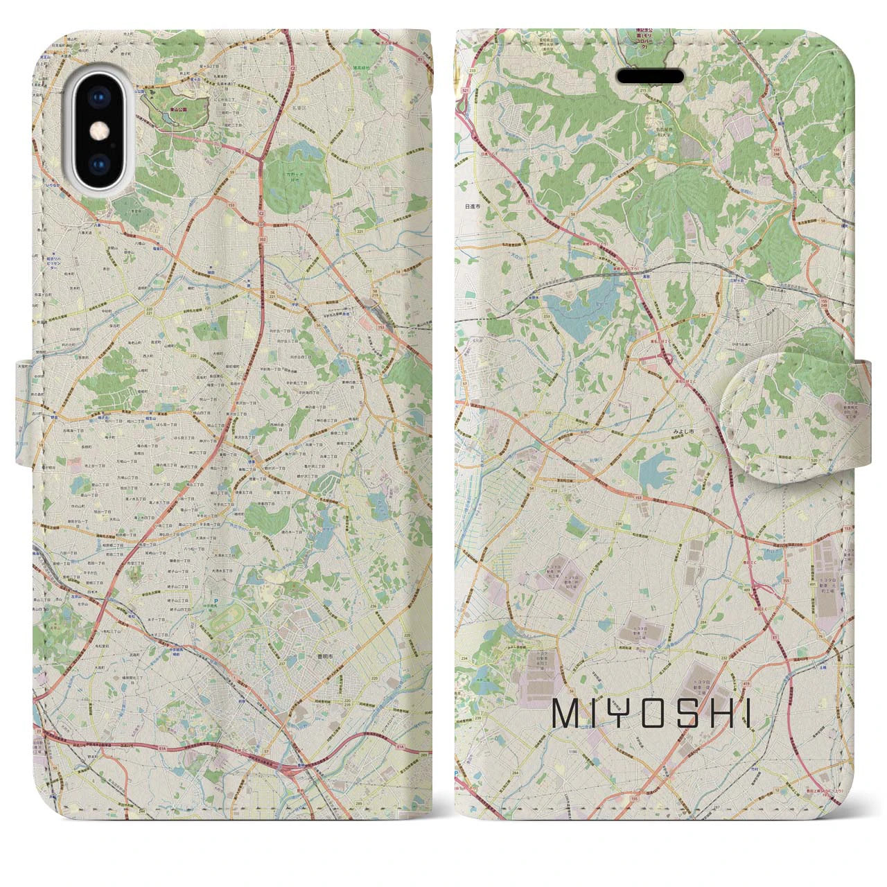 【みよし】地図柄iPhoneケース（手帳両面タイプ・ナチュラル）iPhone XS Max 用