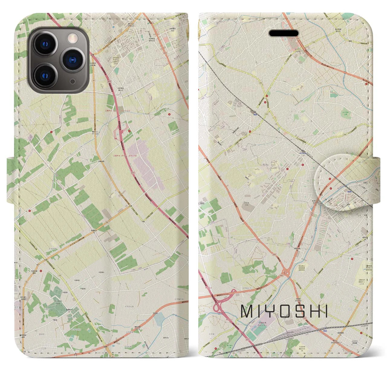 【三芳】地図柄iPhoneケース（手帳両面タイプ・ナチュラル）iPhone 11 Pro Max 用