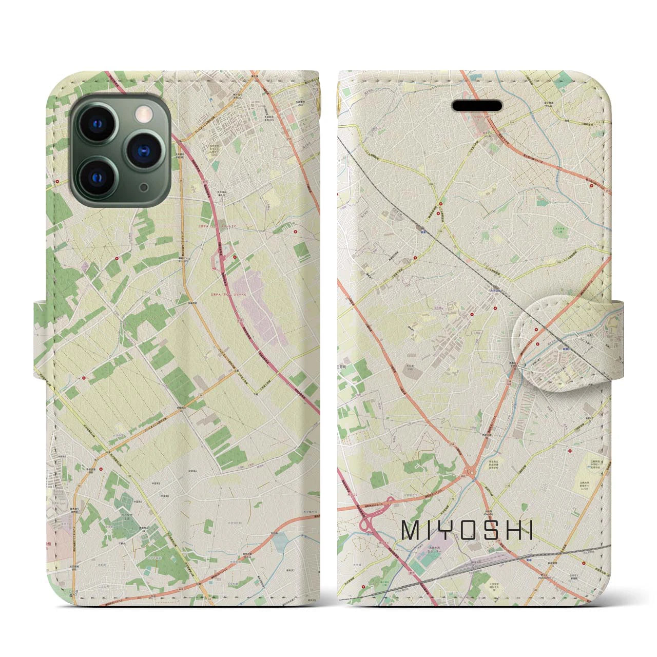 【三芳】地図柄iPhoneケース（手帳両面タイプ・ナチュラル）iPhone 11 Pro 用