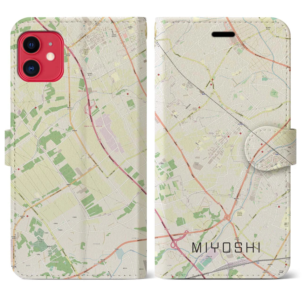 【三芳】地図柄iPhoneケース（手帳両面タイプ・ナチュラル）iPhone 11 用