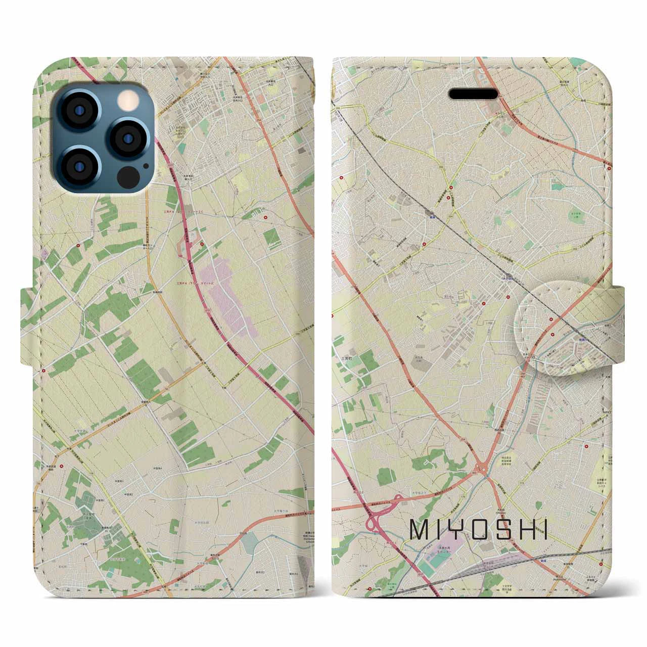 【三芳】地図柄iPhoneケース（手帳両面タイプ・ナチュラル）iPhone 12 / 12 Pro 用