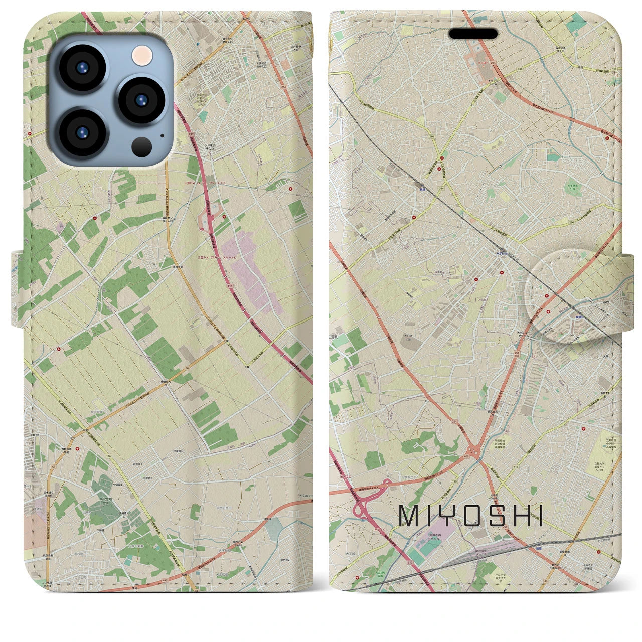 【三芳】地図柄iPhoneケース（手帳両面タイプ・ナチュラル）iPhone 13 Pro Max 用