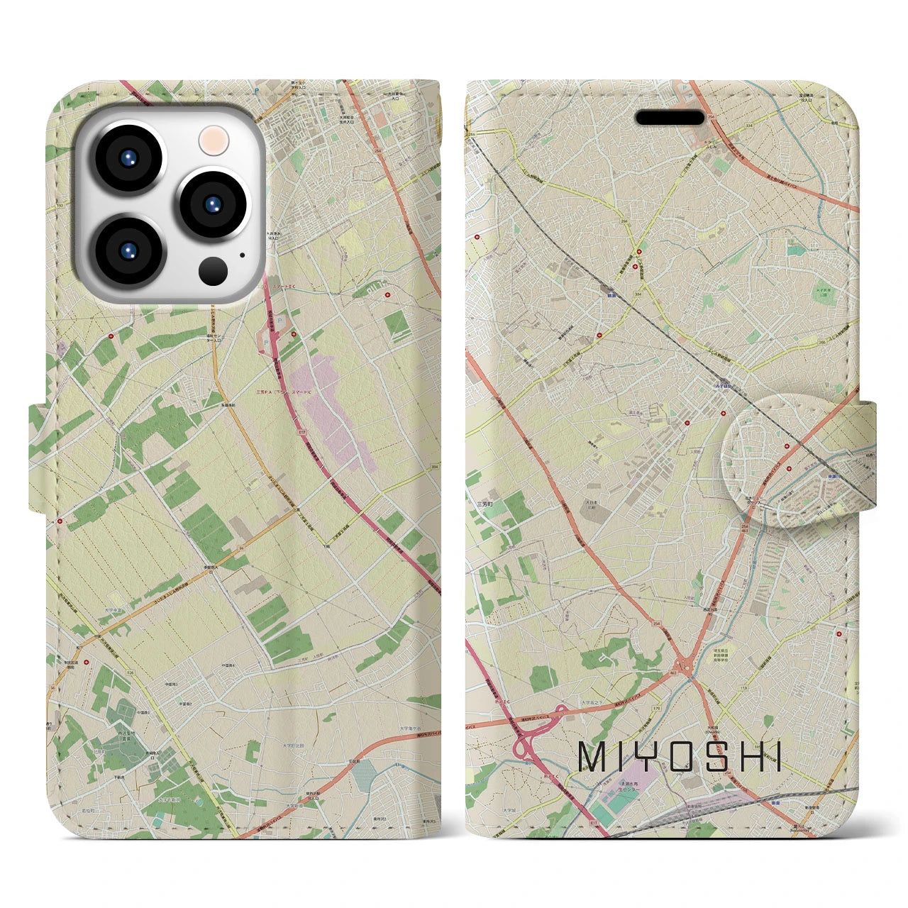 【三芳】地図柄iPhoneケース（手帳両面タイプ・ナチュラル）iPhone 13 Pro 用