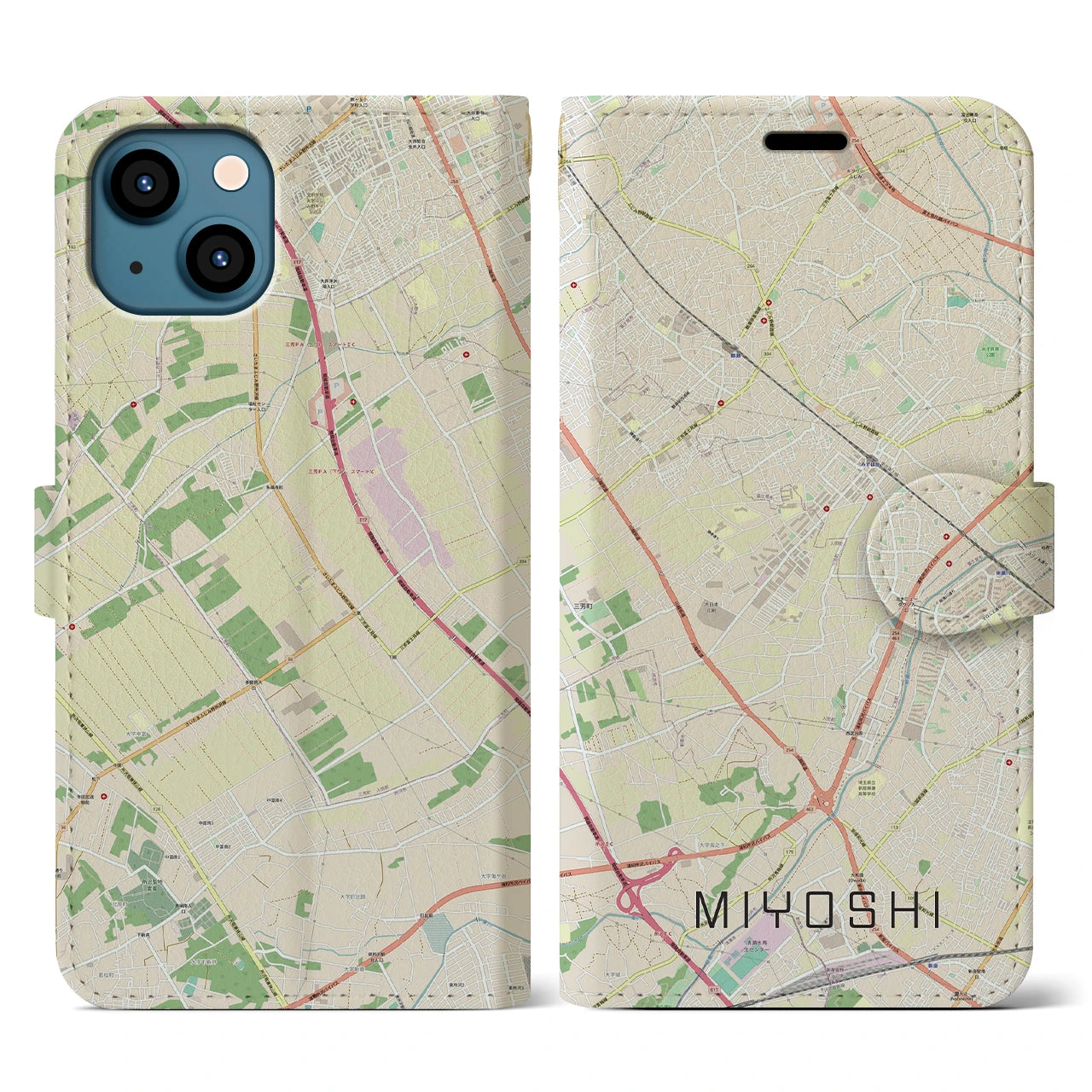 【三芳】地図柄iPhoneケース（手帳両面タイプ・ナチュラル）iPhone 13 用