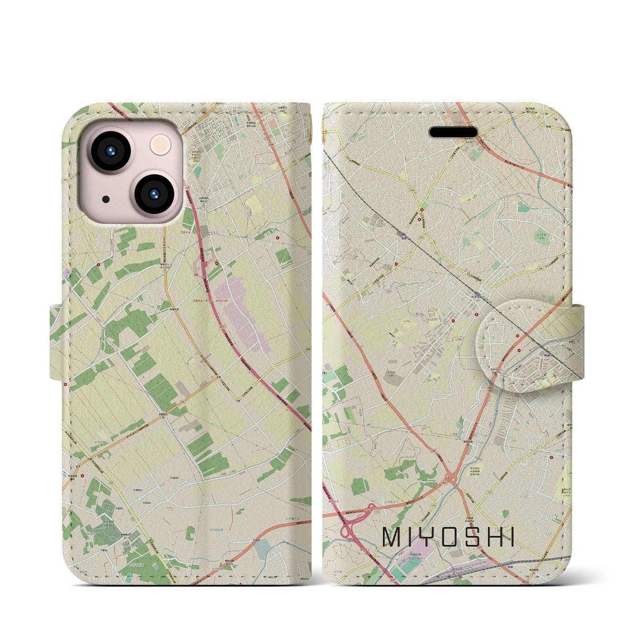 【三芳】地図柄iPhoneケース（手帳両面タイプ・ナチュラル）iPhone 13 mini 用