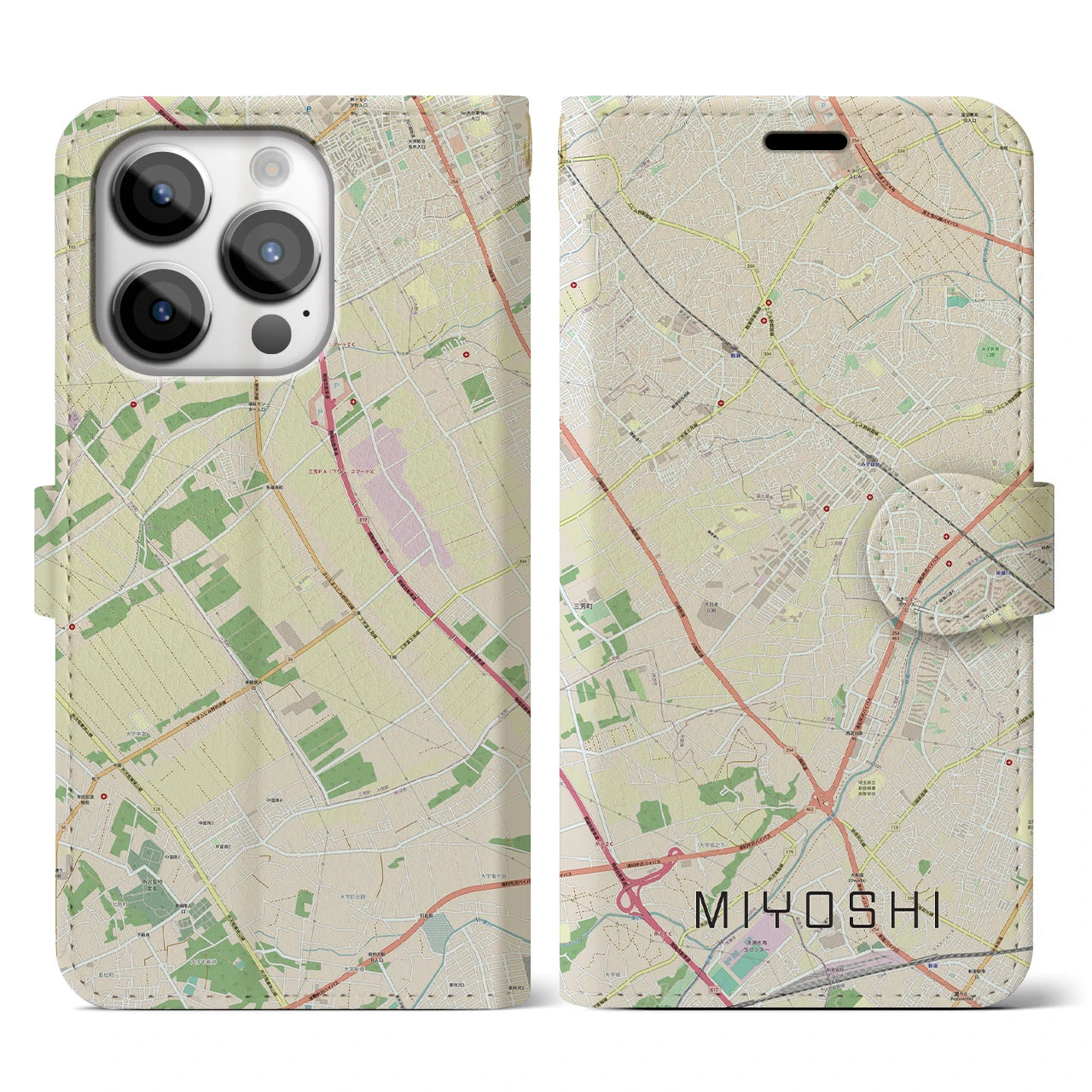 【三芳】地図柄iPhoneケース（手帳両面タイプ・ナチュラル）iPhone 14 Pro 用