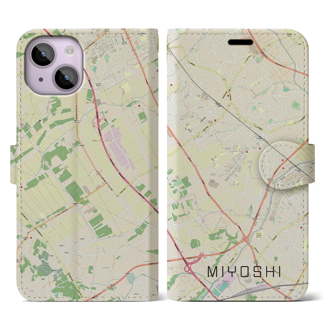 【三芳】地図柄iPhoneケース（手帳両面タイプ・ナチュラル）iPhone 14 用
