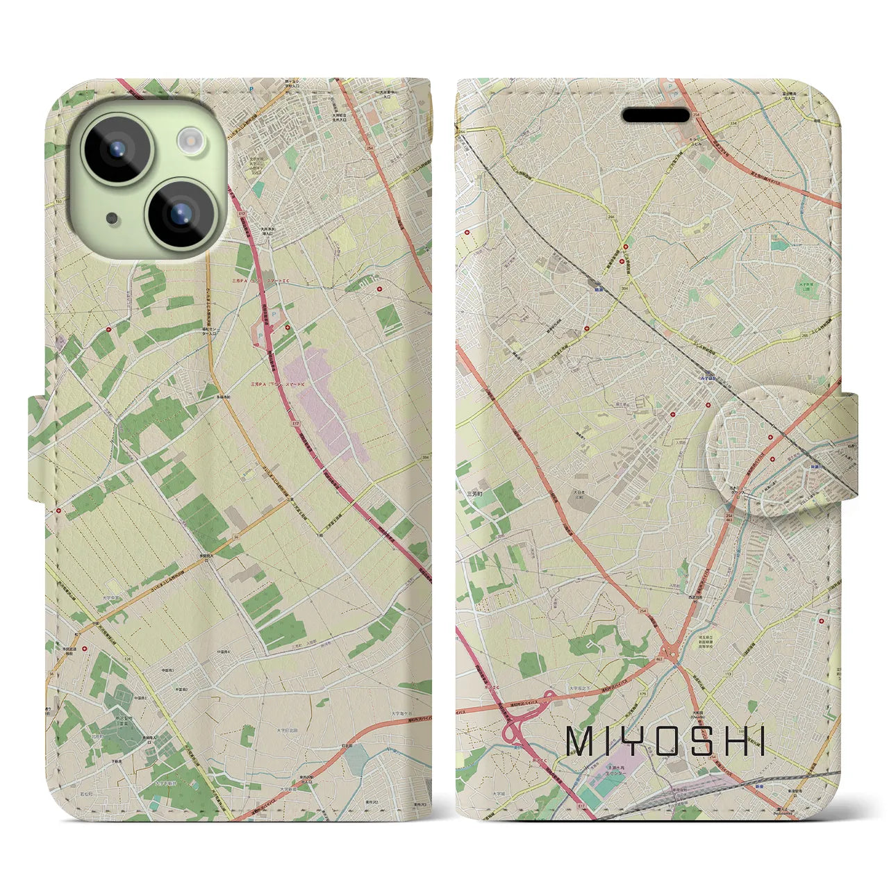 【三芳】地図柄iPhoneケース（手帳両面タイプ・ナチュラル）iPhone 15 用