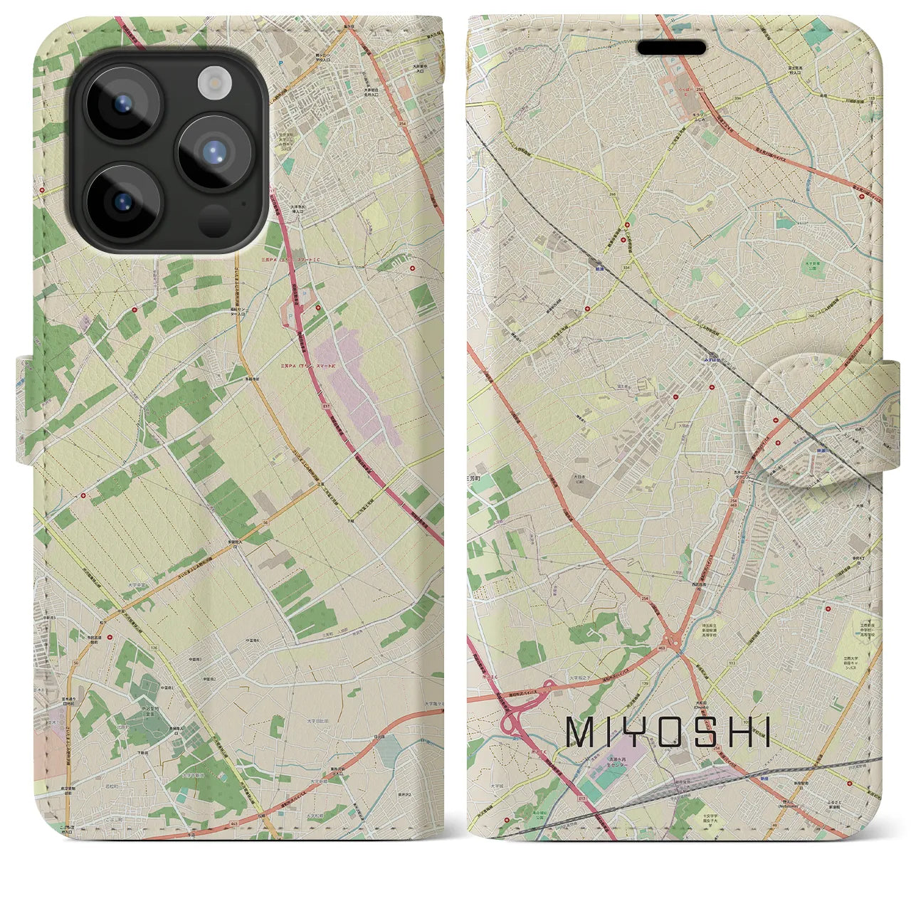【三芳】地図柄iPhoneケース（手帳両面タイプ・ナチュラル）iPhone 15 Pro Max 用
