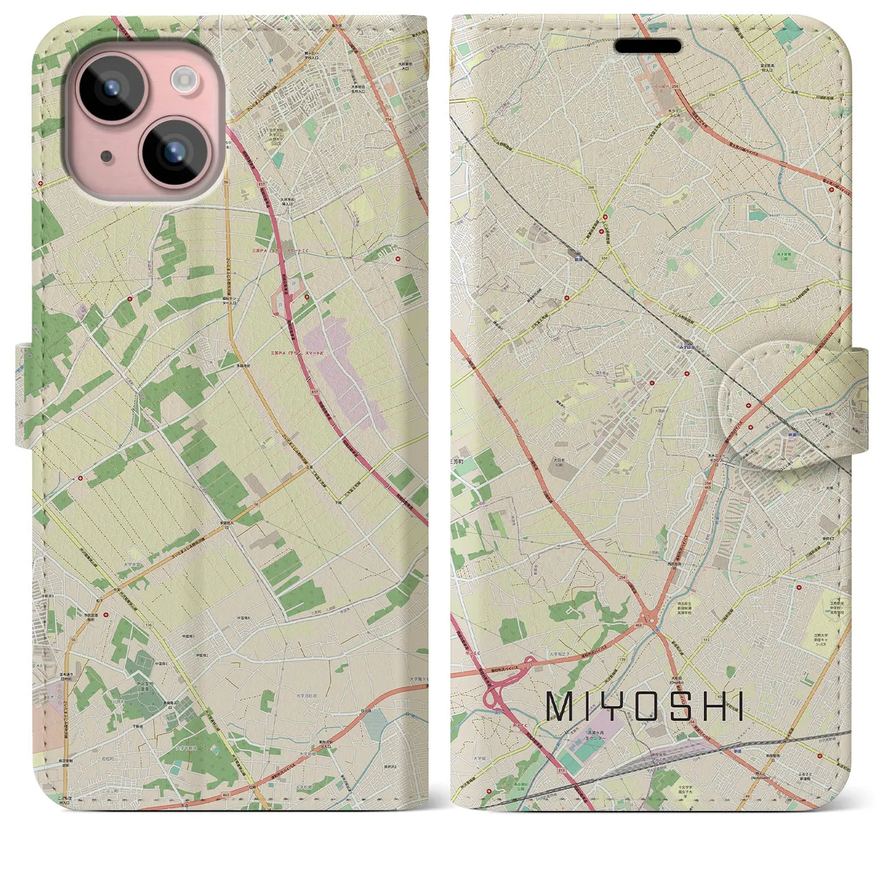 【三芳】地図柄iPhoneケース（手帳両面タイプ・ナチュラル）iPhone 15 Plus 用