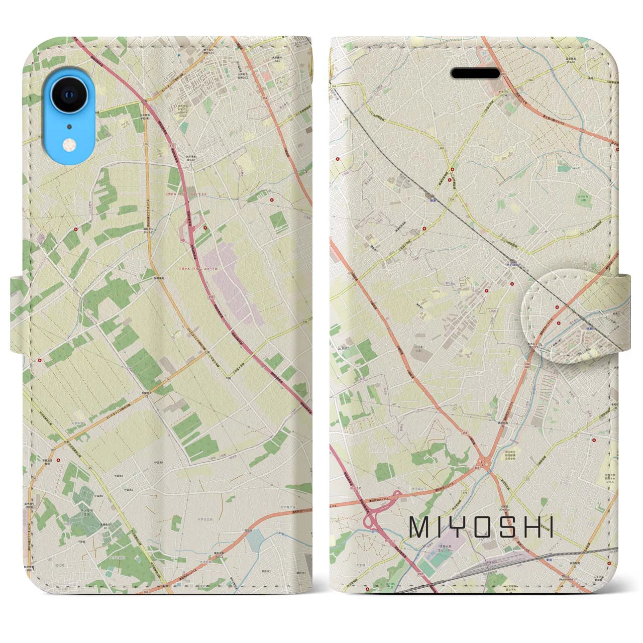 【三芳】地図柄iPhoneケース（手帳両面タイプ・ナチュラル）iPhone XR 用
