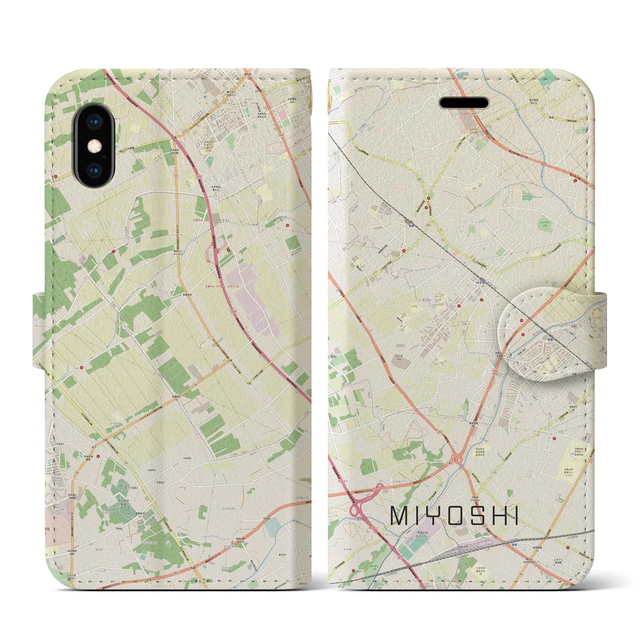 【三芳】地図柄iPhoneケース（手帳両面タイプ・ナチュラル）iPhone XS / X 用