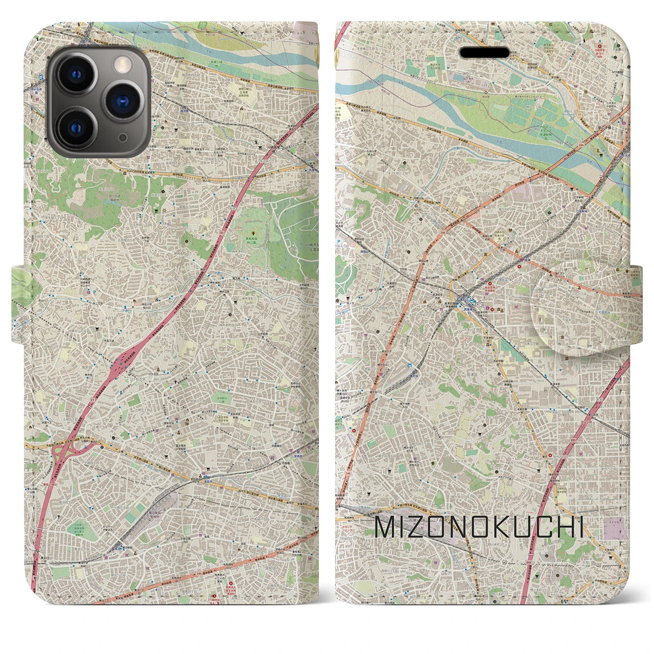 【溝の口】地図柄iPhoneケース（手帳両面タイプ・ナチュラル）iPhone 11 Pro Max 用
