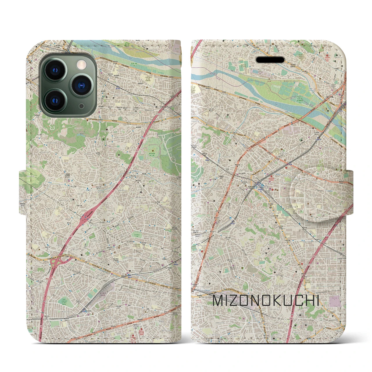 【溝の口】地図柄iPhoneケース（手帳両面タイプ・ナチュラル）iPhone 11 Pro 用