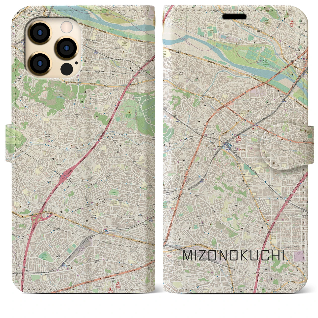 【溝の口】地図柄iPhoneケース（手帳両面タイプ・ナチュラル）iPhone 12 Pro Max 用