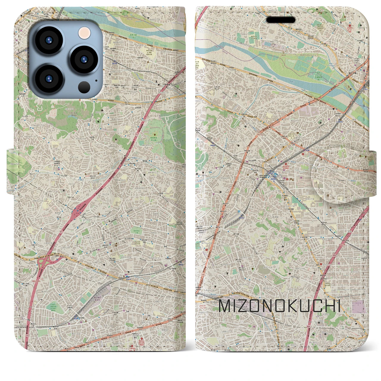 【溝の口】地図柄iPhoneケース（手帳両面タイプ・ナチュラル）iPhone 13 Pro Max 用
