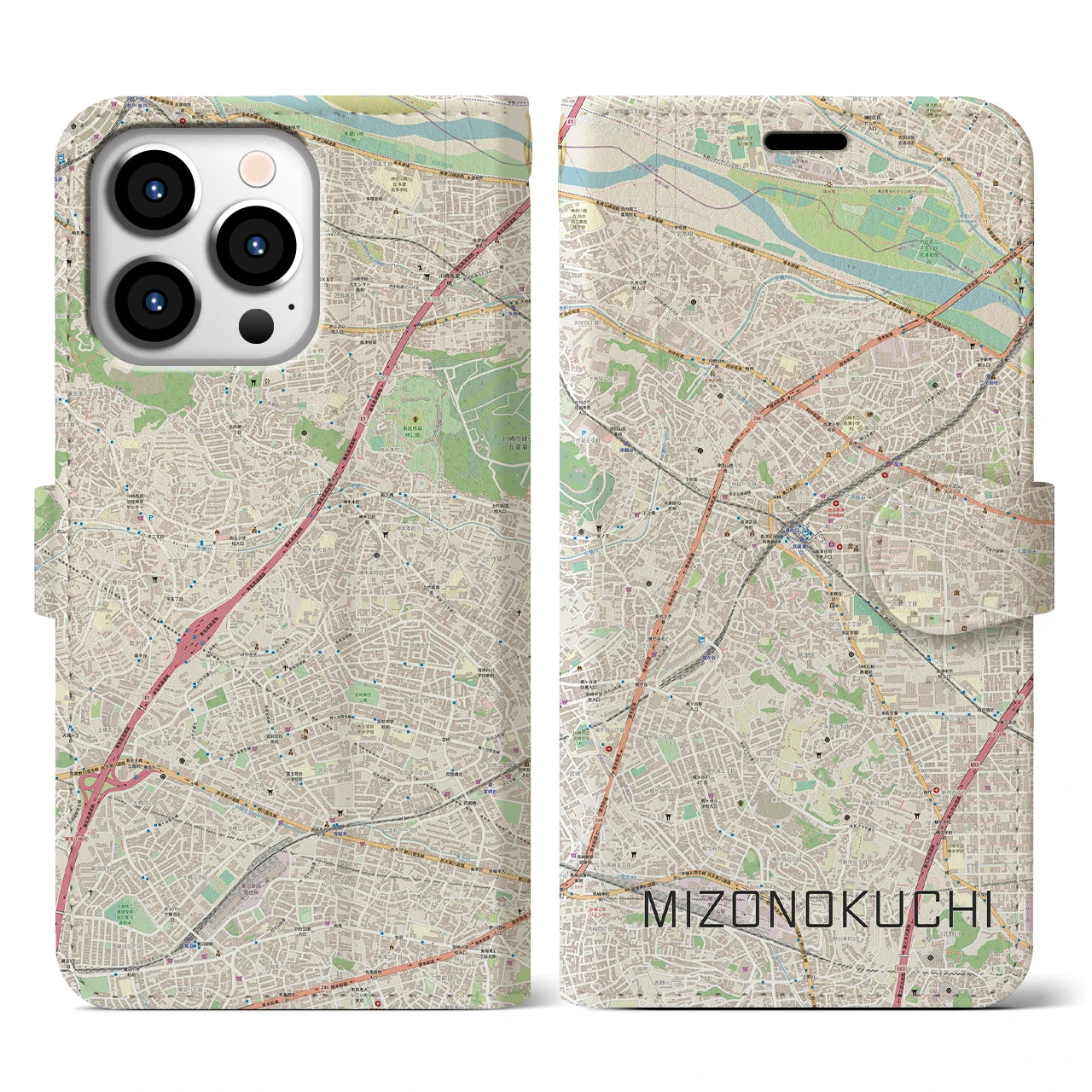 【溝の口】地図柄iPhoneケース（手帳両面タイプ・ナチュラル）iPhone 13 Pro 用