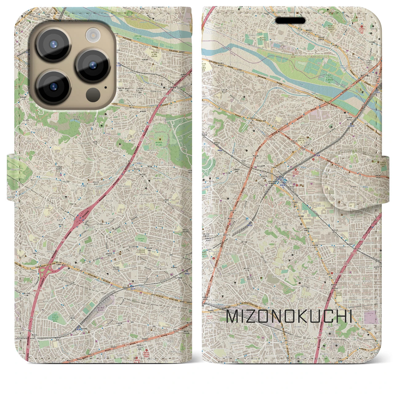 【溝の口】地図柄iPhoneケース（手帳両面タイプ・ナチュラル）iPhone 14 Pro Max 用