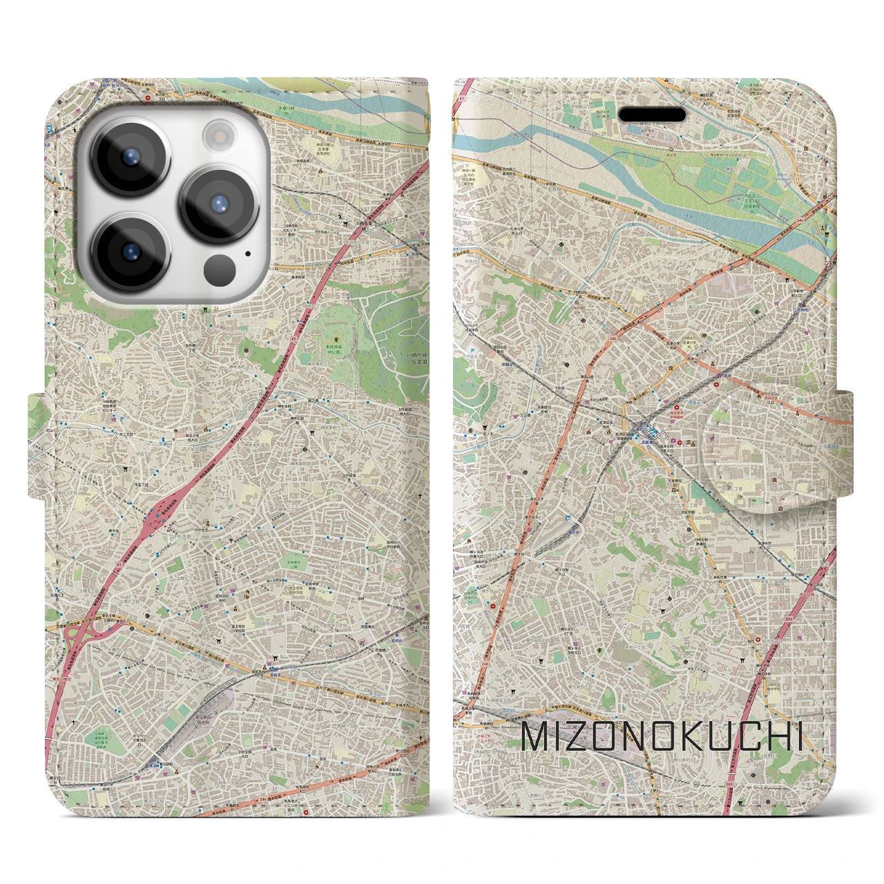 【溝の口】地図柄iPhoneケース（手帳両面タイプ・ナチュラル）iPhone 14 Pro 用