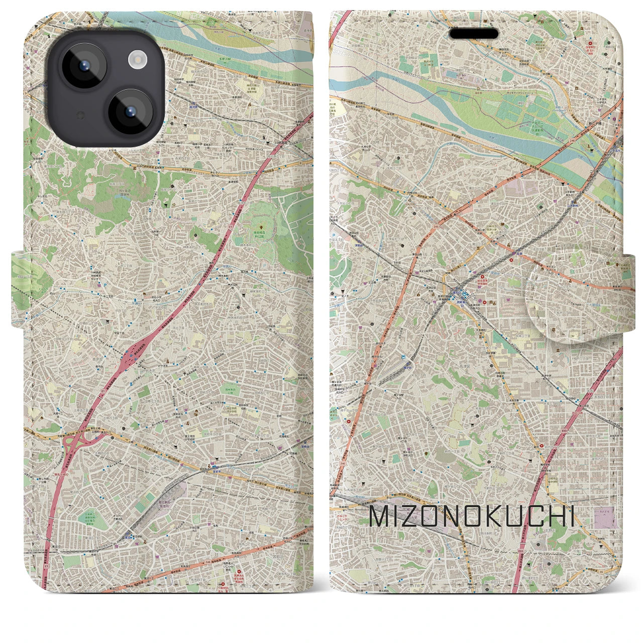 【溝の口】地図柄iPhoneケース（手帳両面タイプ・ナチュラル）iPhone 14 Plus 用