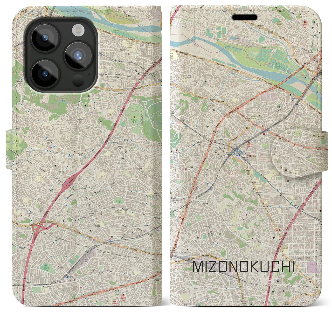 【溝の口】地図柄iPhoneケース（手帳両面タイプ・ナチュラル）iPhone 15 Pro Max 用