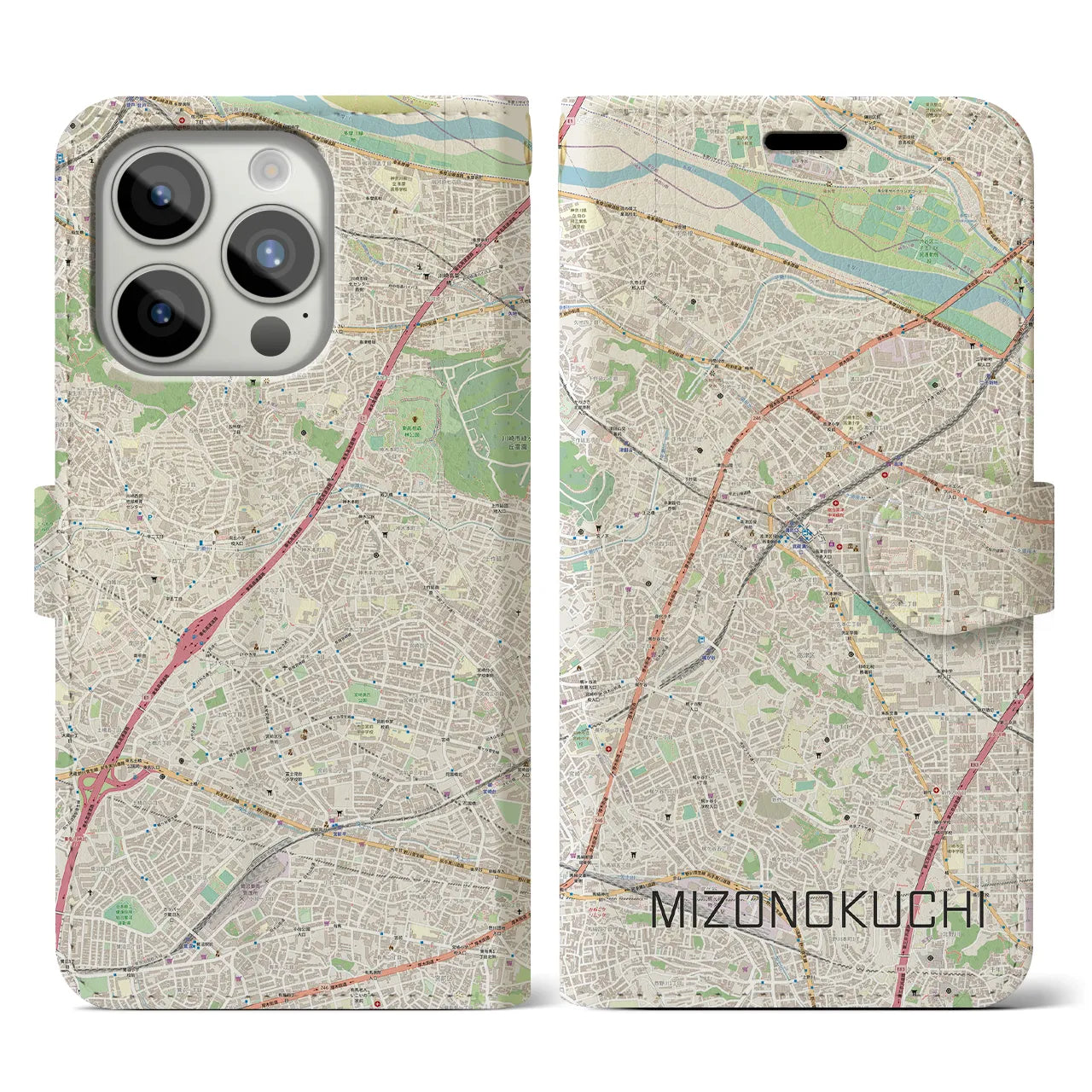 【溝の口】地図柄iPhoneケース（手帳両面タイプ・ナチュラル）iPhone 15 Pro 用