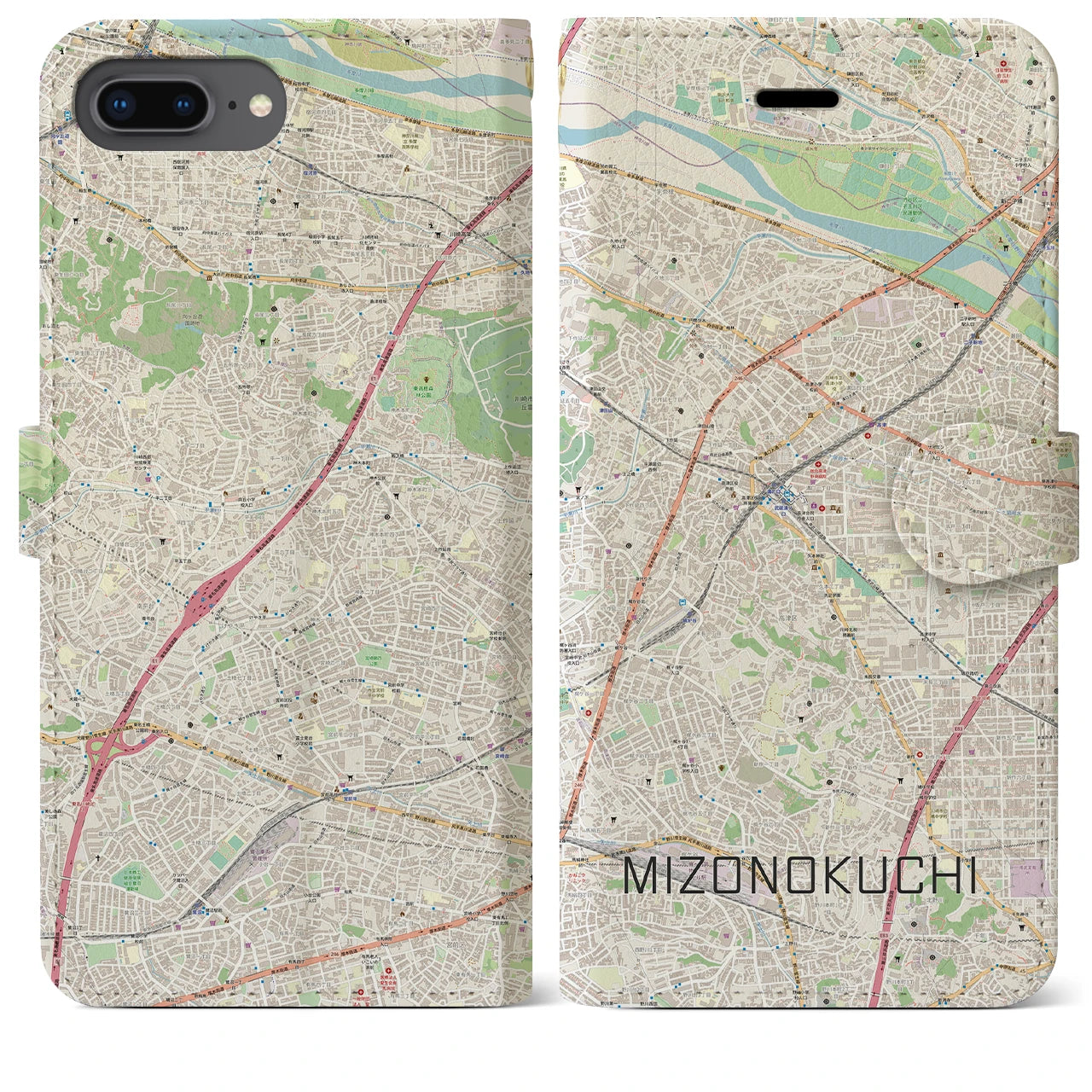 【溝の口】地図柄iPhoneケース（手帳両面タイプ・ナチュラル）iPhone 8Plus /7Plus / 6sPlus / 6Plus 用