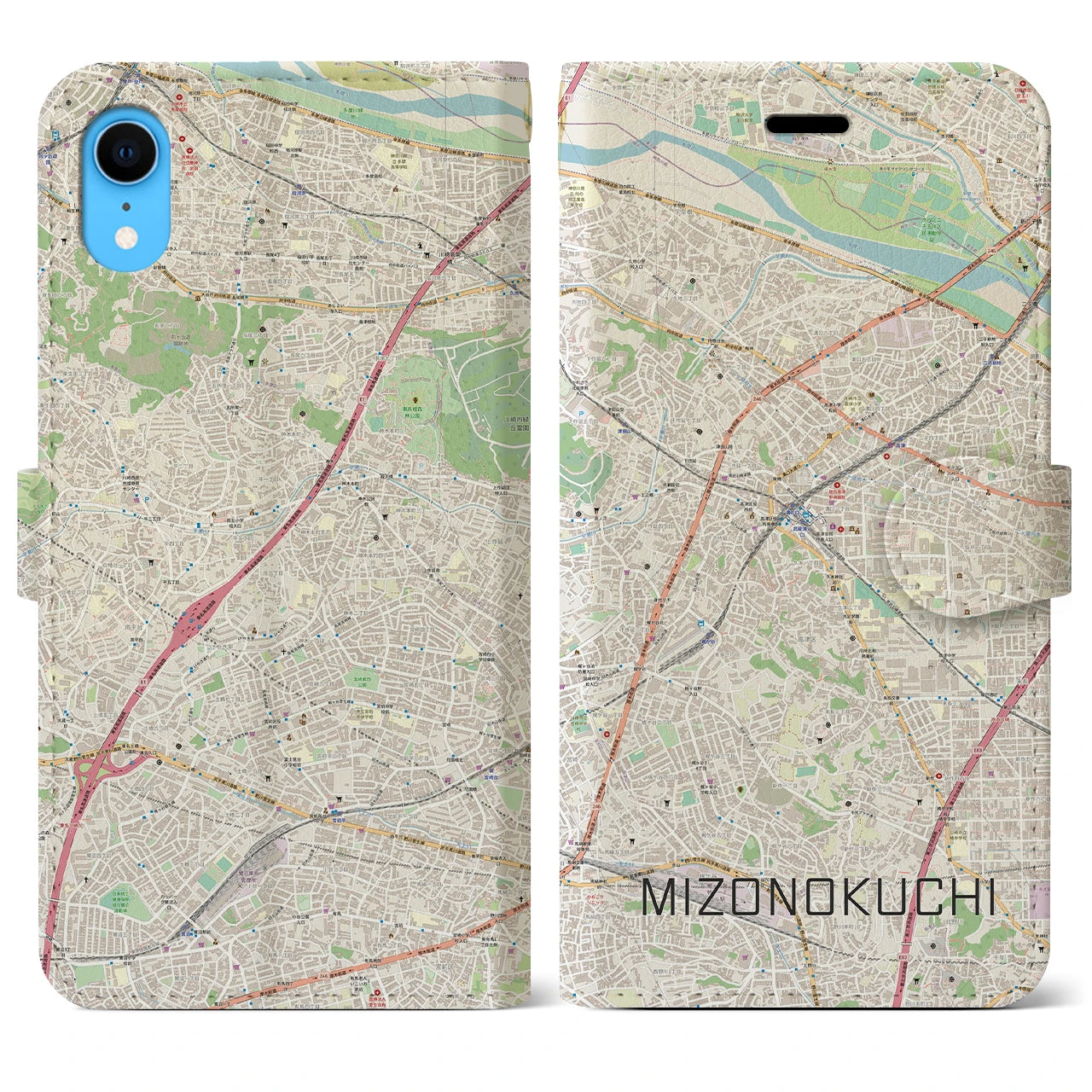 【溝の口】地図柄iPhoneケース（手帳両面タイプ・ナチュラル）iPhone XR 用