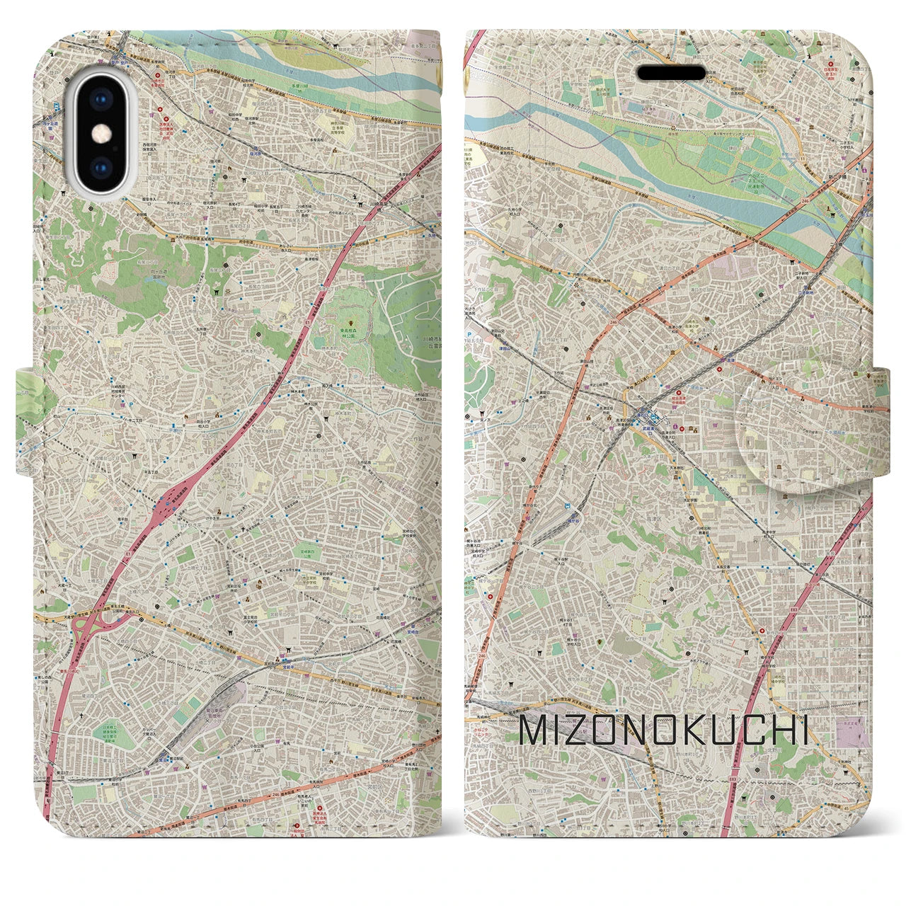 【溝の口】地図柄iPhoneケース（手帳両面タイプ・ナチュラル）iPhone XS Max 用