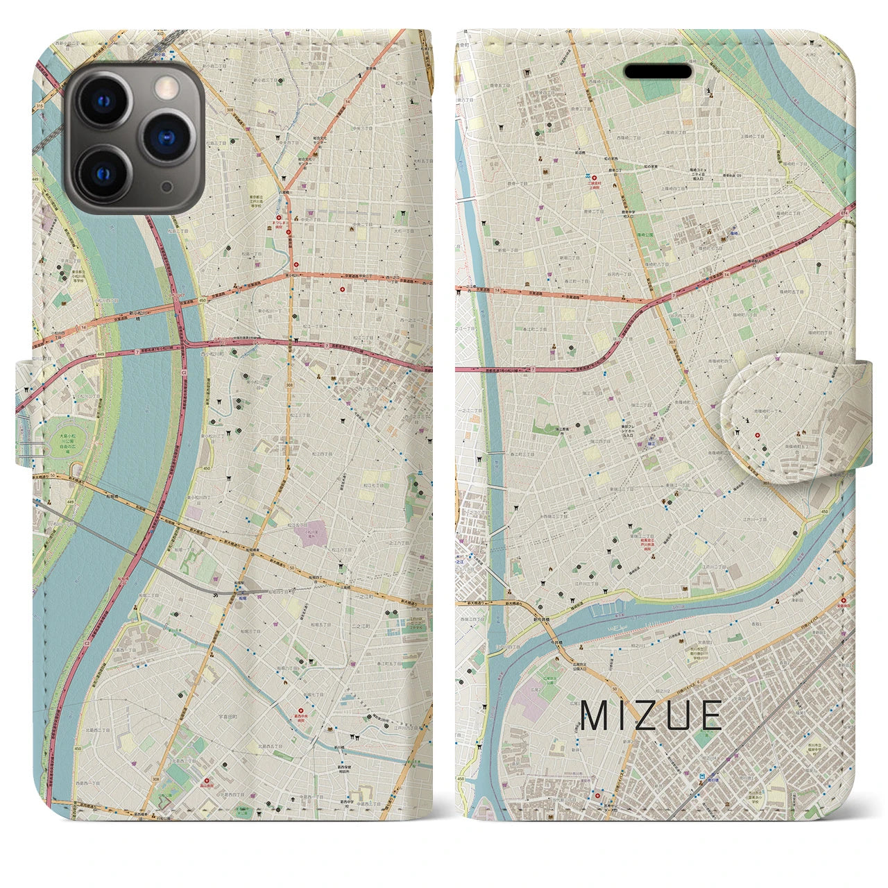 【瑞江】地図柄iPhoneケース（手帳両面タイプ・ナチュラル）iPhone 11 Pro Max 用