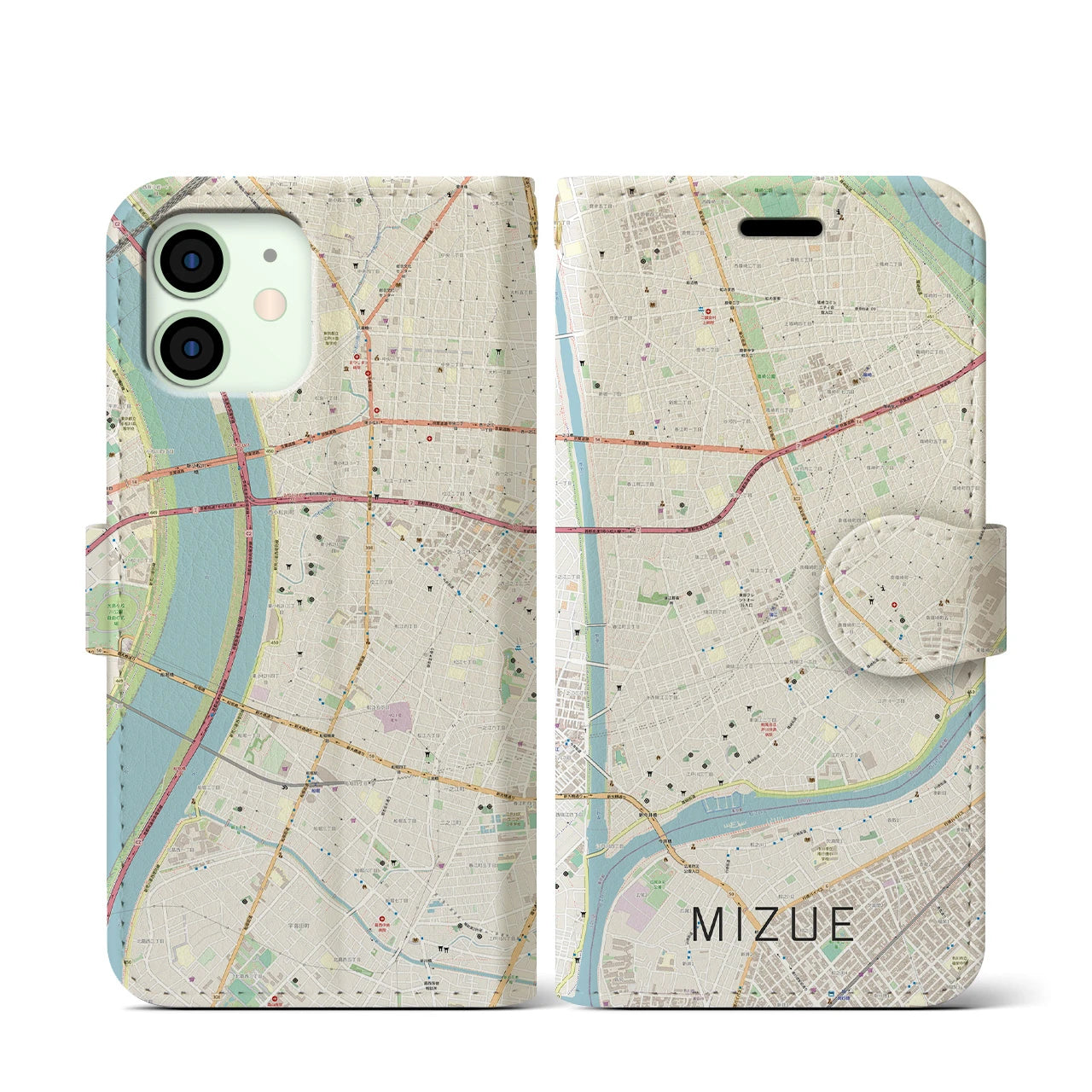 【瑞江】地図柄iPhoneケース（手帳両面タイプ・ナチュラル）iPhone 12 mini 用