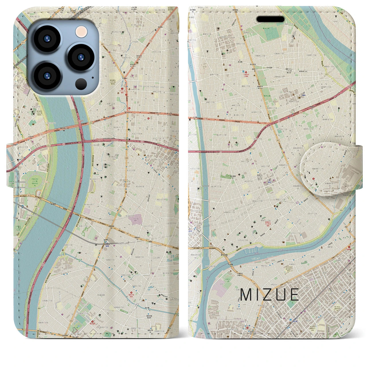 【瑞江】地図柄iPhoneケース（手帳両面タイプ・ナチュラル）iPhone 13 Pro Max 用
