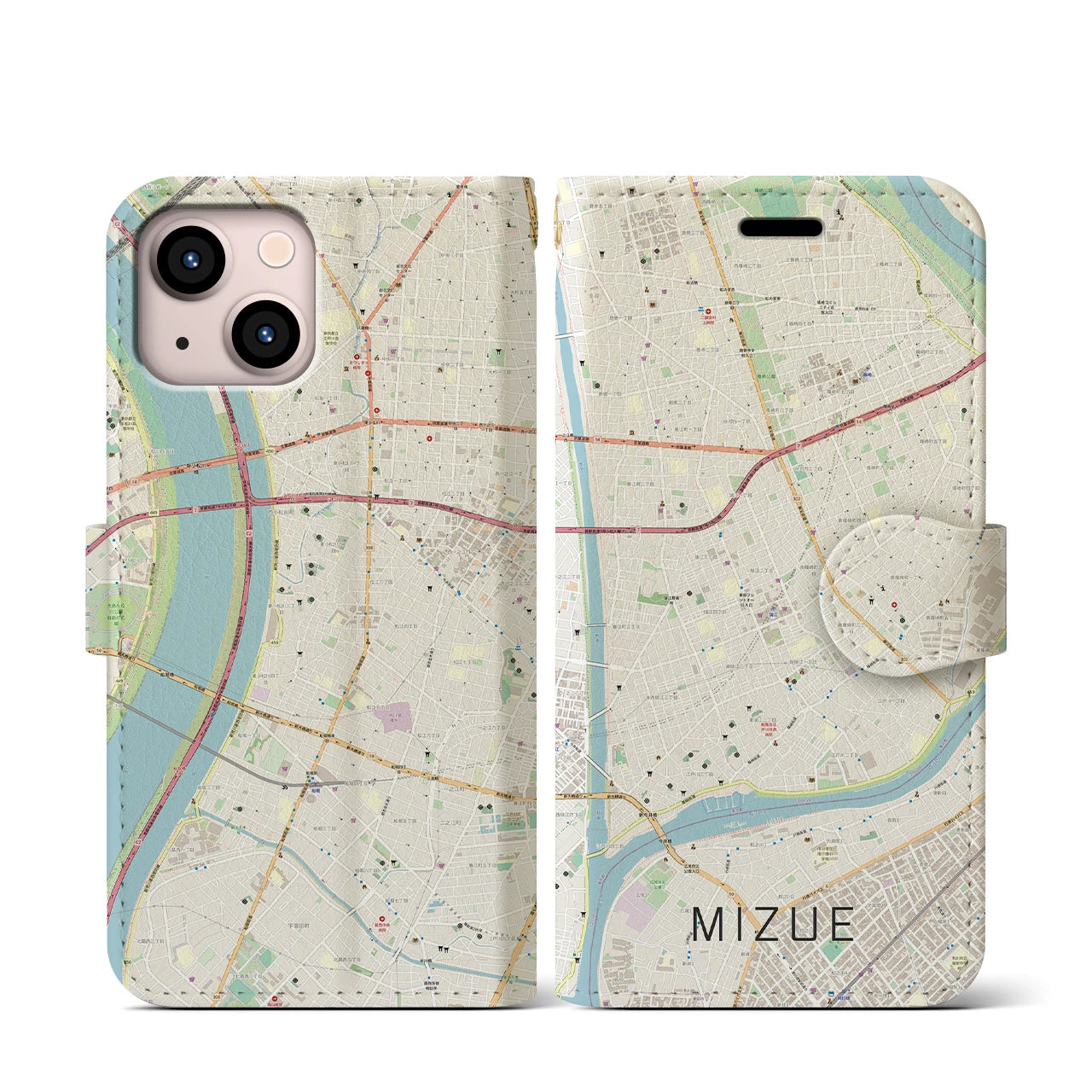 【瑞江】地図柄iPhoneケース（手帳両面タイプ・ナチュラル）iPhone 13 mini 用