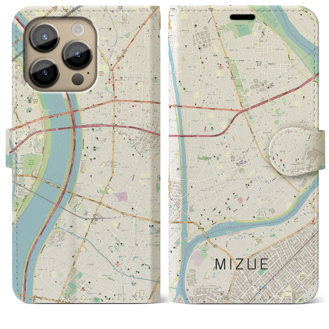 【瑞江】地図柄iPhoneケース（手帳両面タイプ・ナチュラル）iPhone 14 Pro Max 用