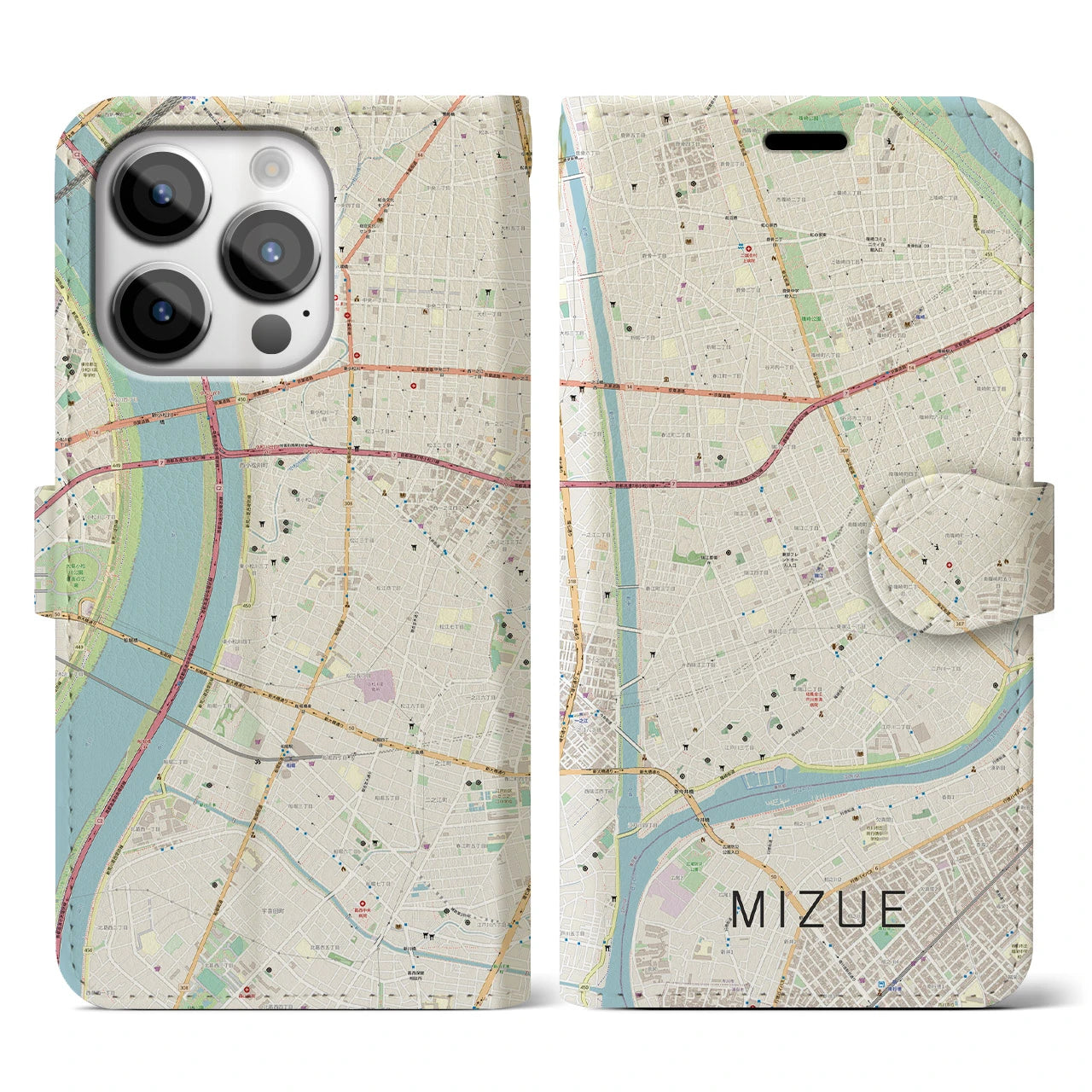 【瑞江】地図柄iPhoneケース（手帳両面タイプ・ナチュラル）iPhone 14 Pro 用