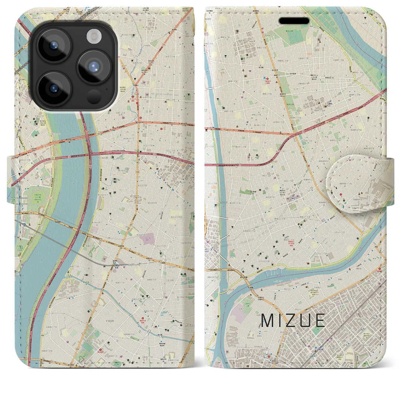 【瑞江】地図柄iPhoneケース（手帳両面タイプ・ナチュラル）iPhone 15 Pro Max 用